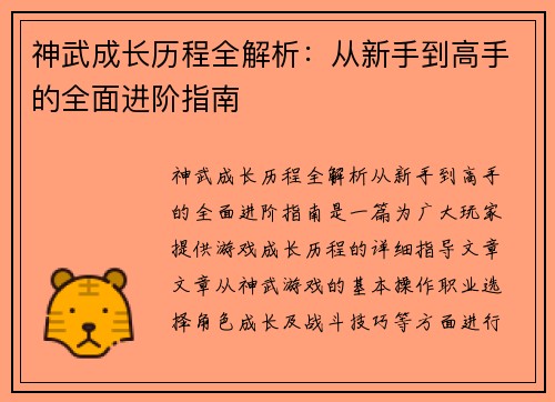 神武成长历程全解析：从新手到高手的全面进阶指南